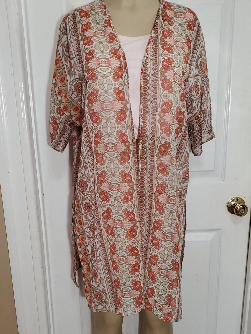Ambiance Floral Paisley Kimono in Orange & Cream
